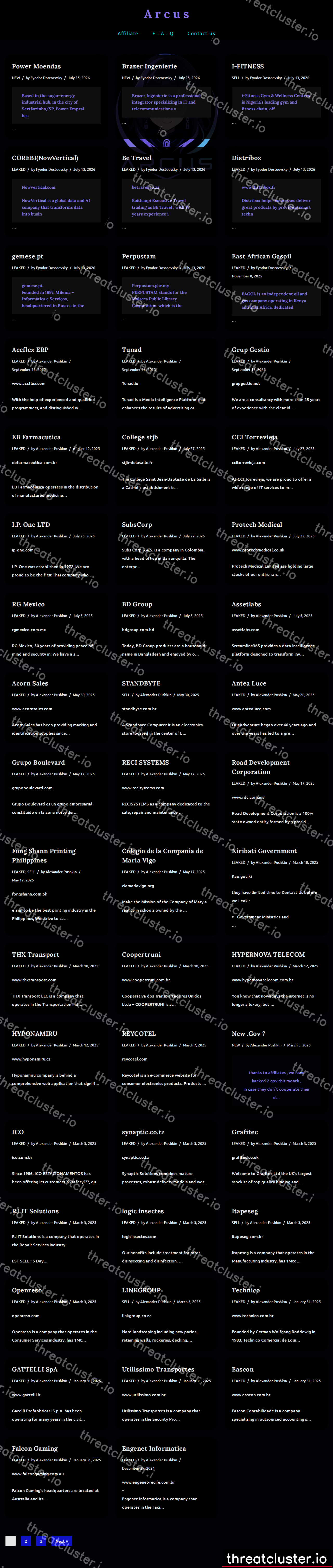 Leak site of arcusmedia, captured by ThreatCluster