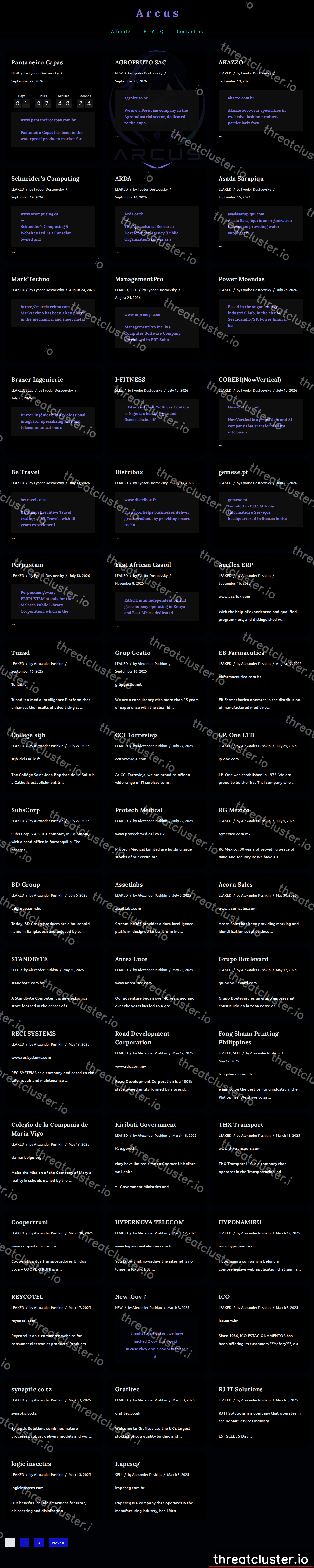 Leak site of arcusmedia, captured by ThreatCluster