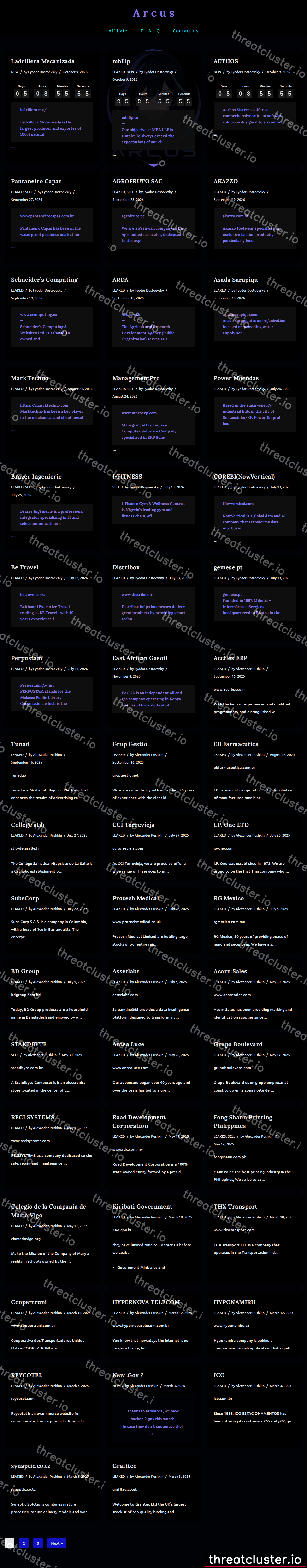 Leak site of arcusmedia, captured by ThreatCluster