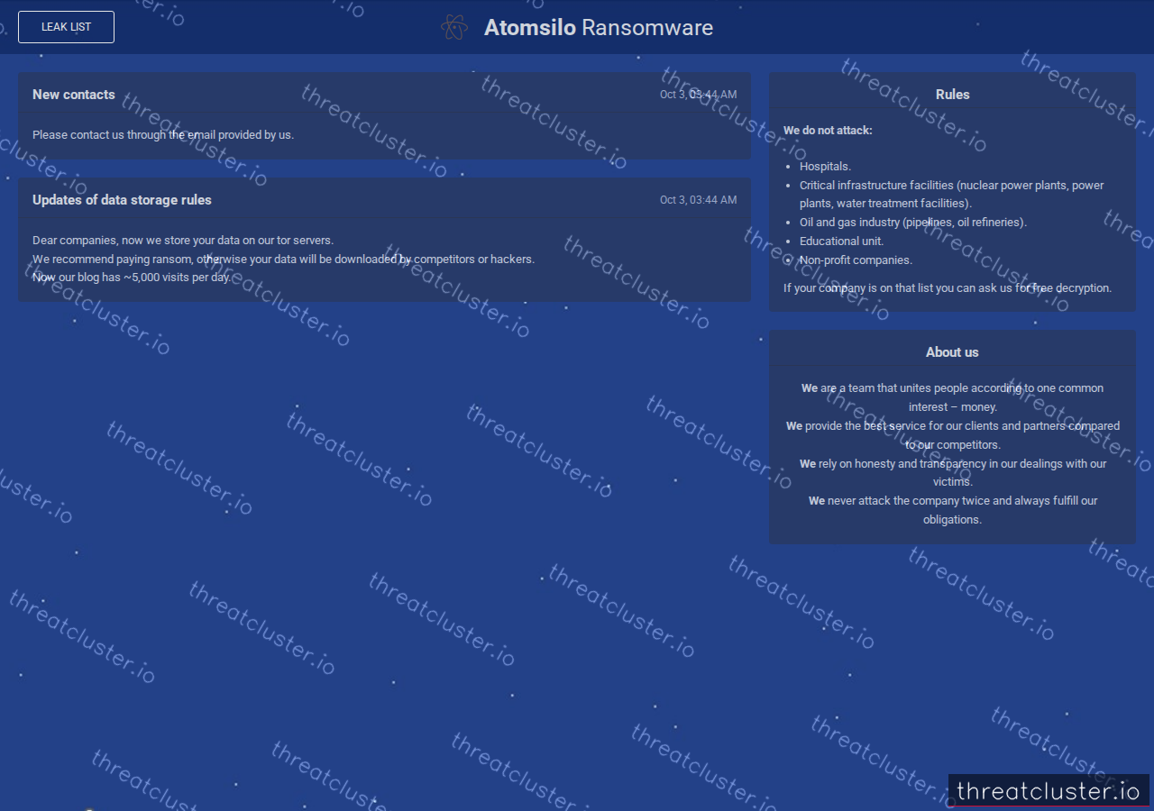Leak site of atomsilo, captured by ThreatCluster