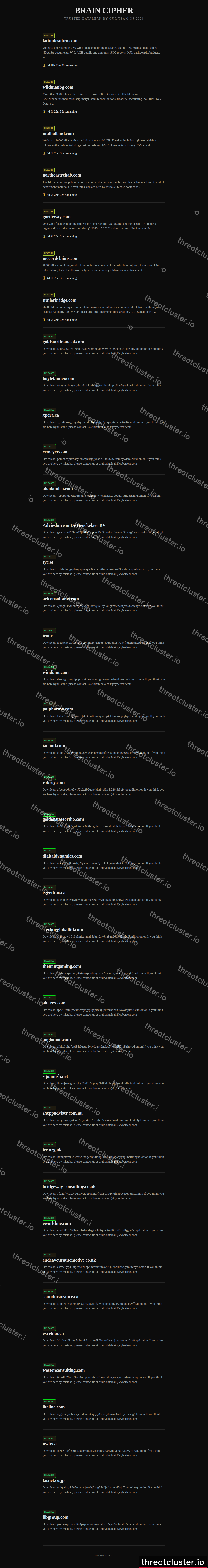 Leak site of braincipher, captured by ThreatCluster