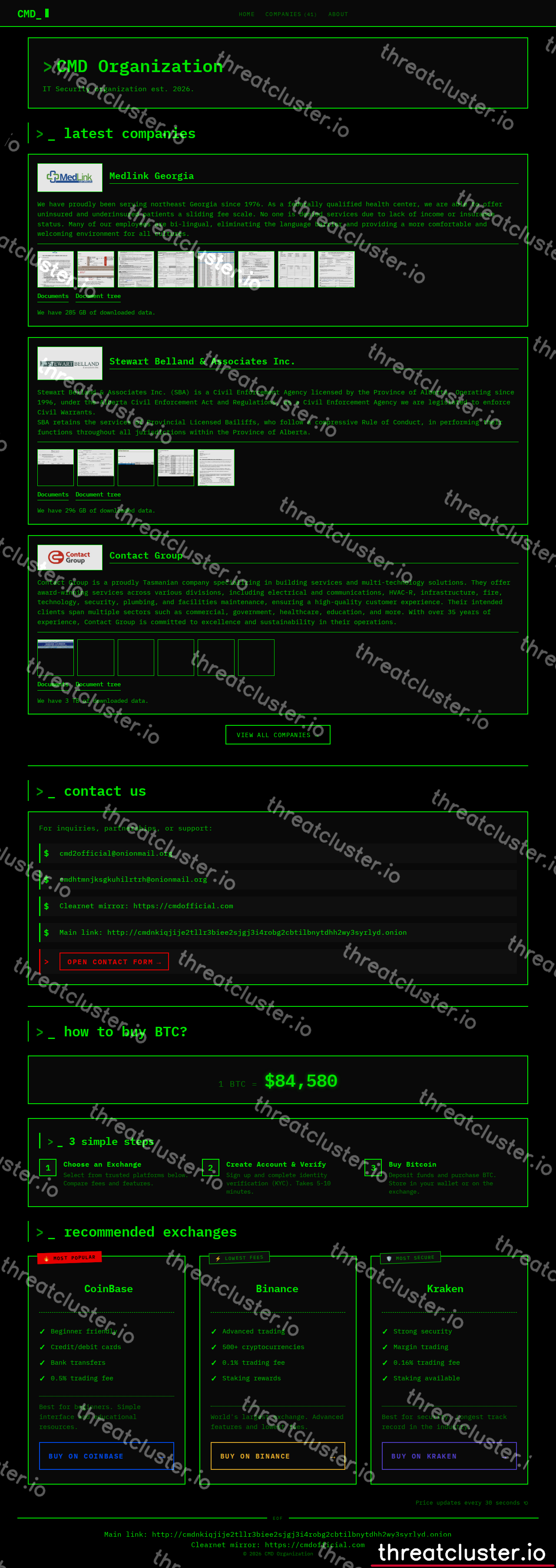 Leak site of cmdorganization, captured by ThreatCluster