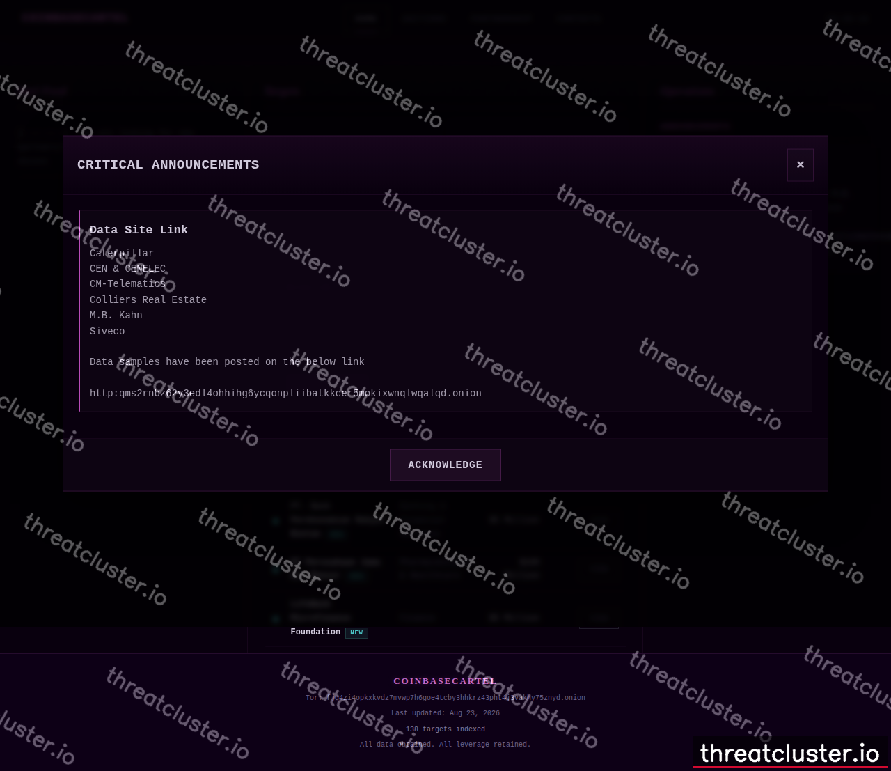 Leak site of coinbasecartel, captured by ThreatCluster
