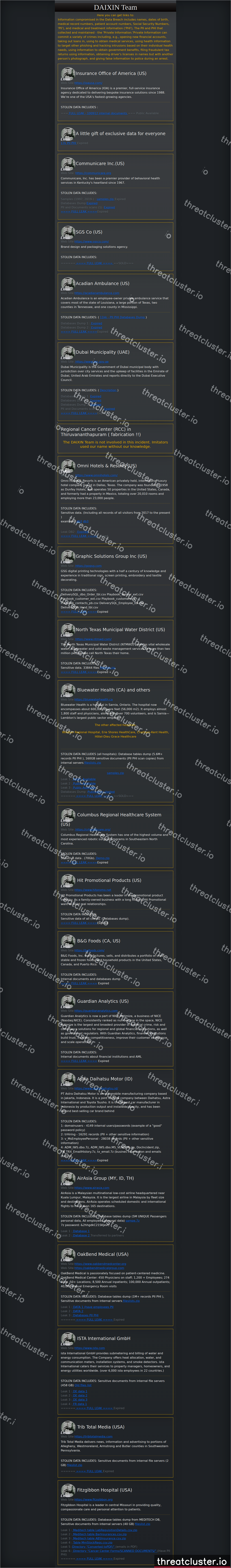 Leak site of daixin, captured by ThreatCluster