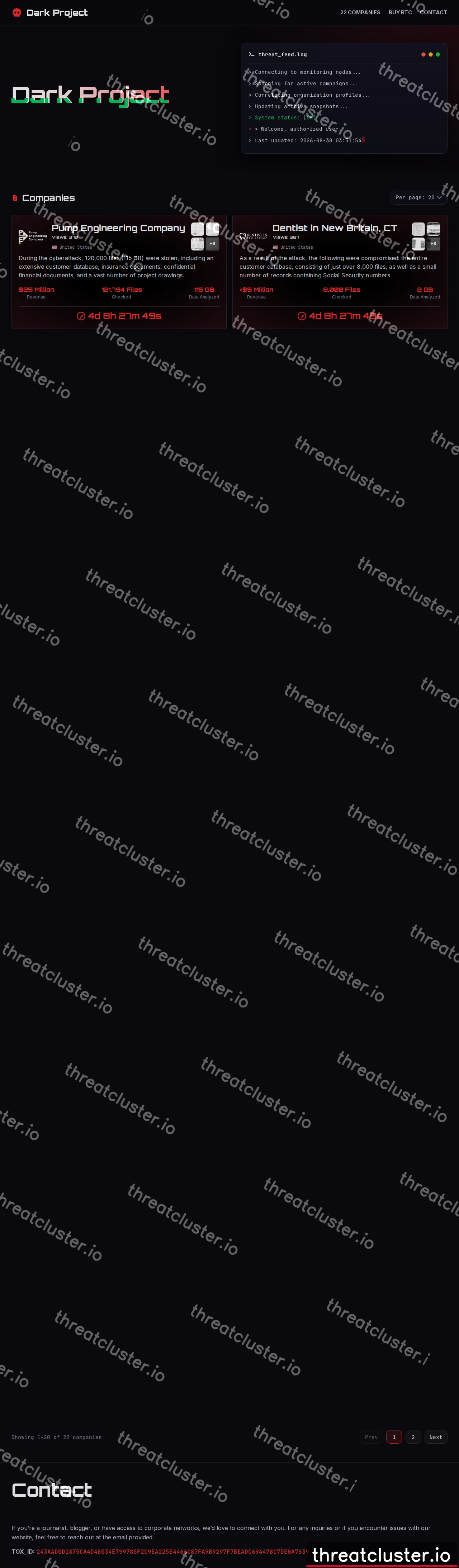 Leak site of dark project, captured by ThreatCluster