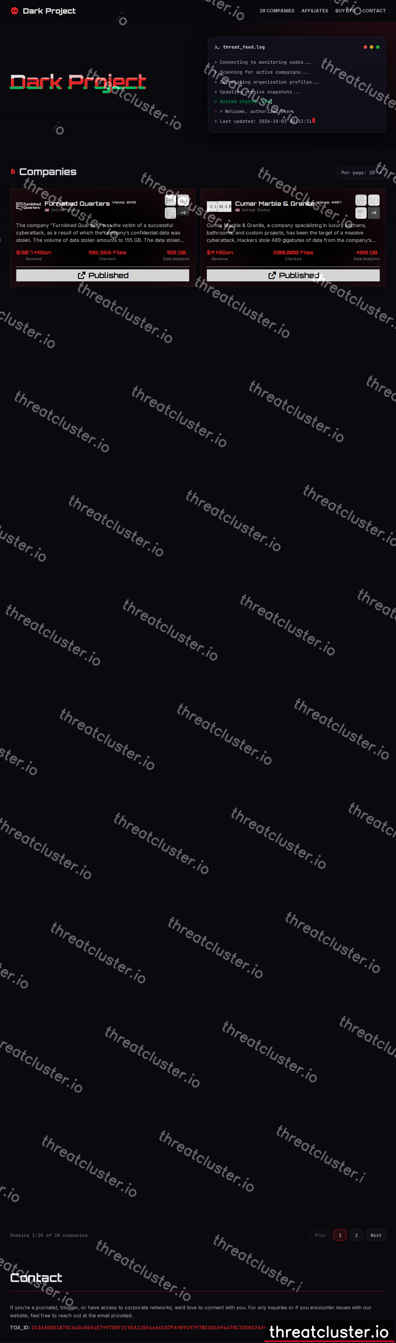 Leak site of dark project, captured by ThreatCluster