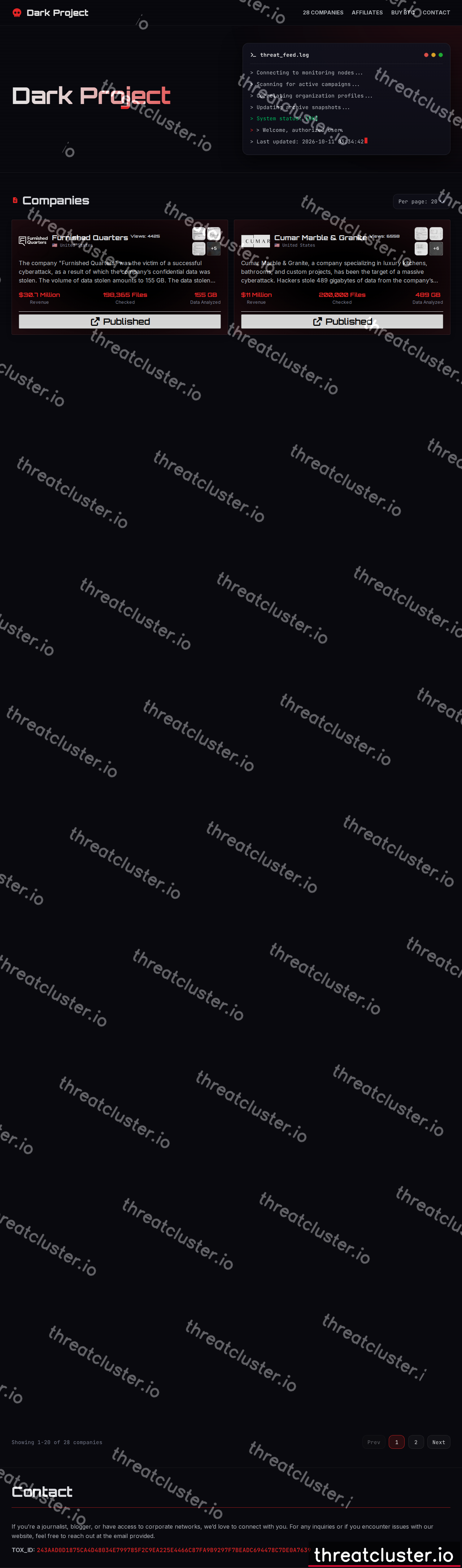 Leak site of dark project, captured by ThreatCluster