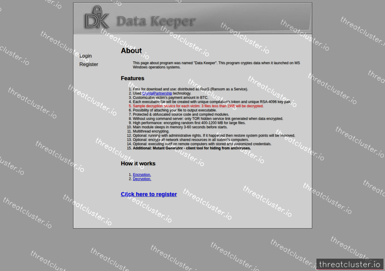 Leak site of datakeeper, captured by ThreatCluster