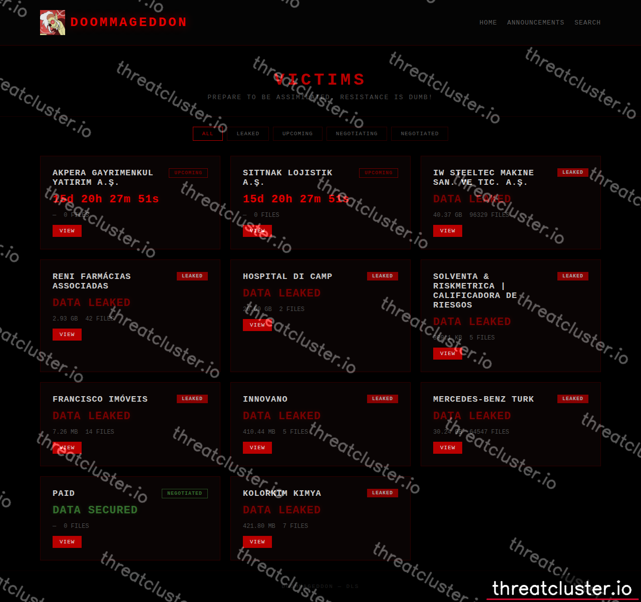 Leak site of doommageddon, captured by ThreatCluster