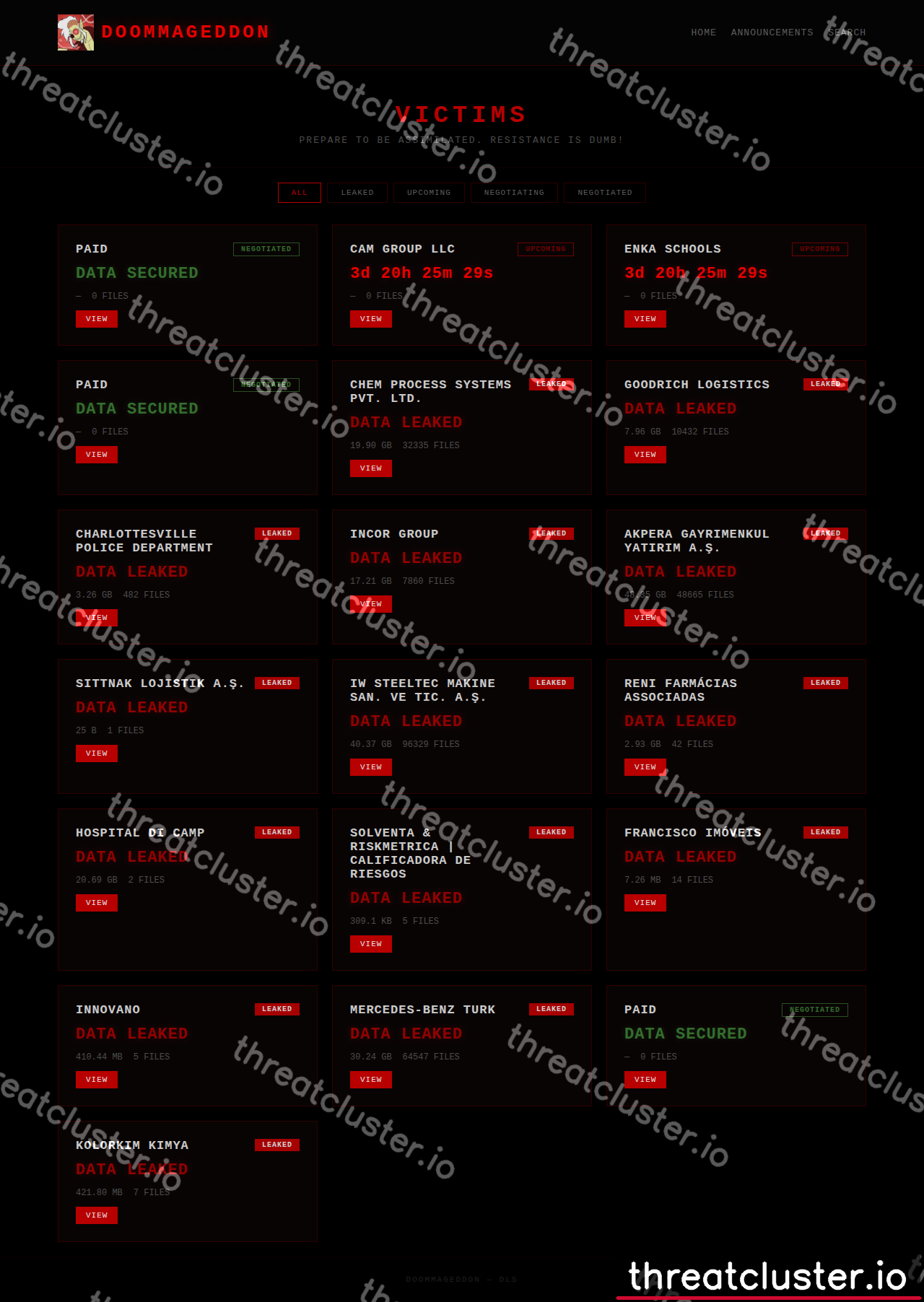Leak site of doommageddon, captured by ThreatCluster