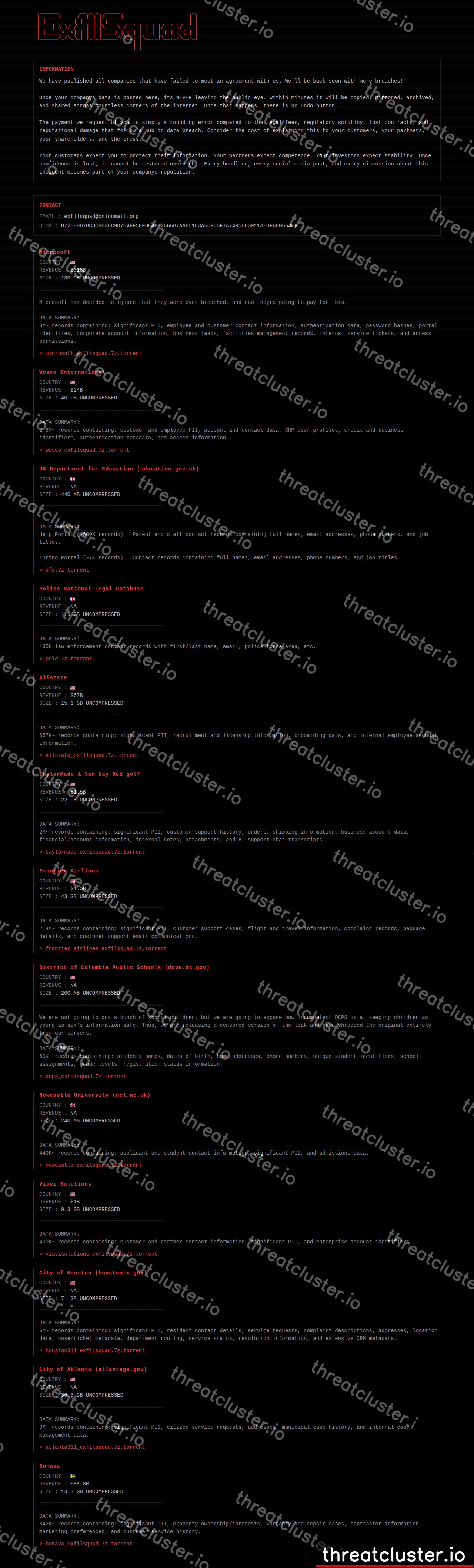 Leak site of exfilsquad, captured by ThreatCluster
