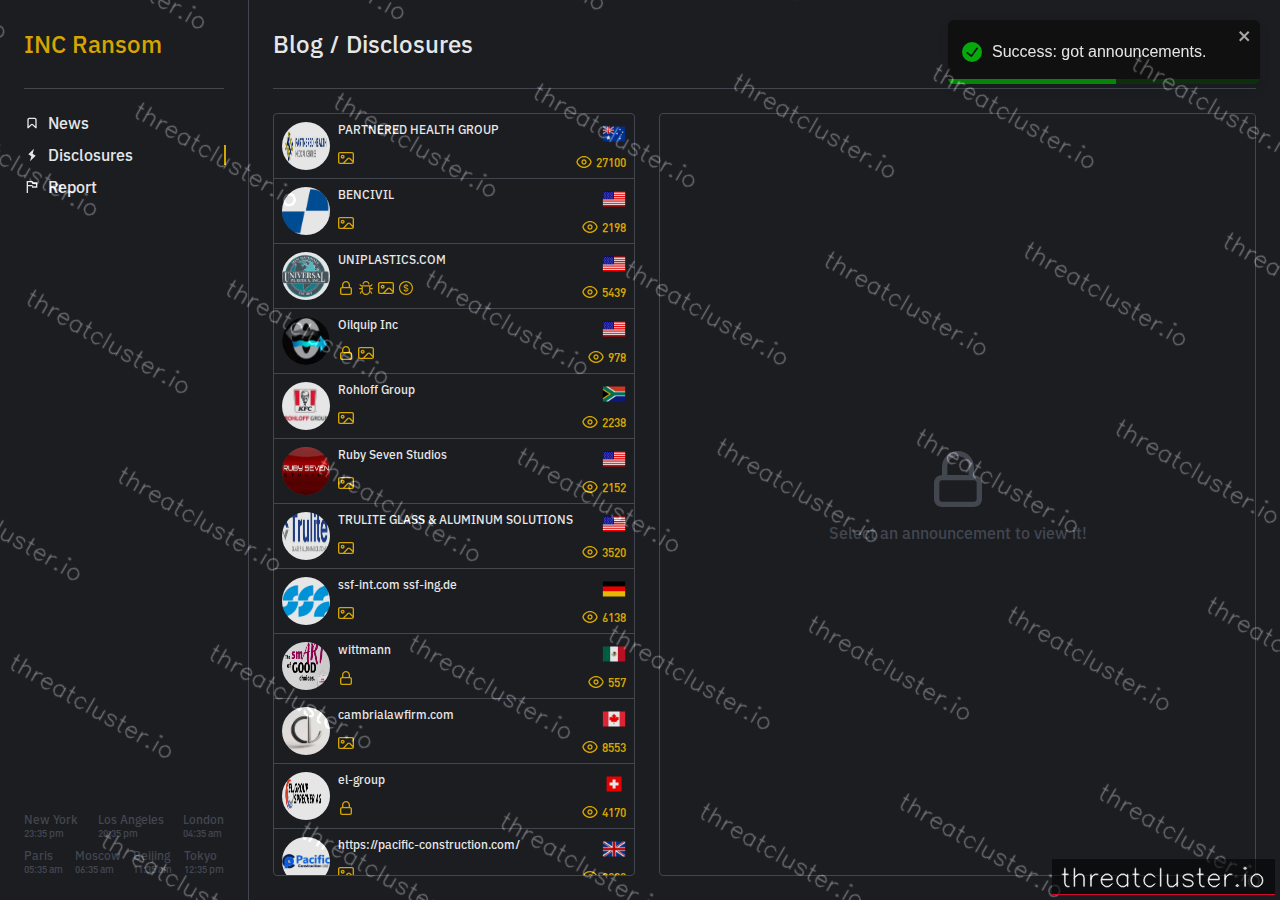 Leak site of incransom, captured by ThreatCluster