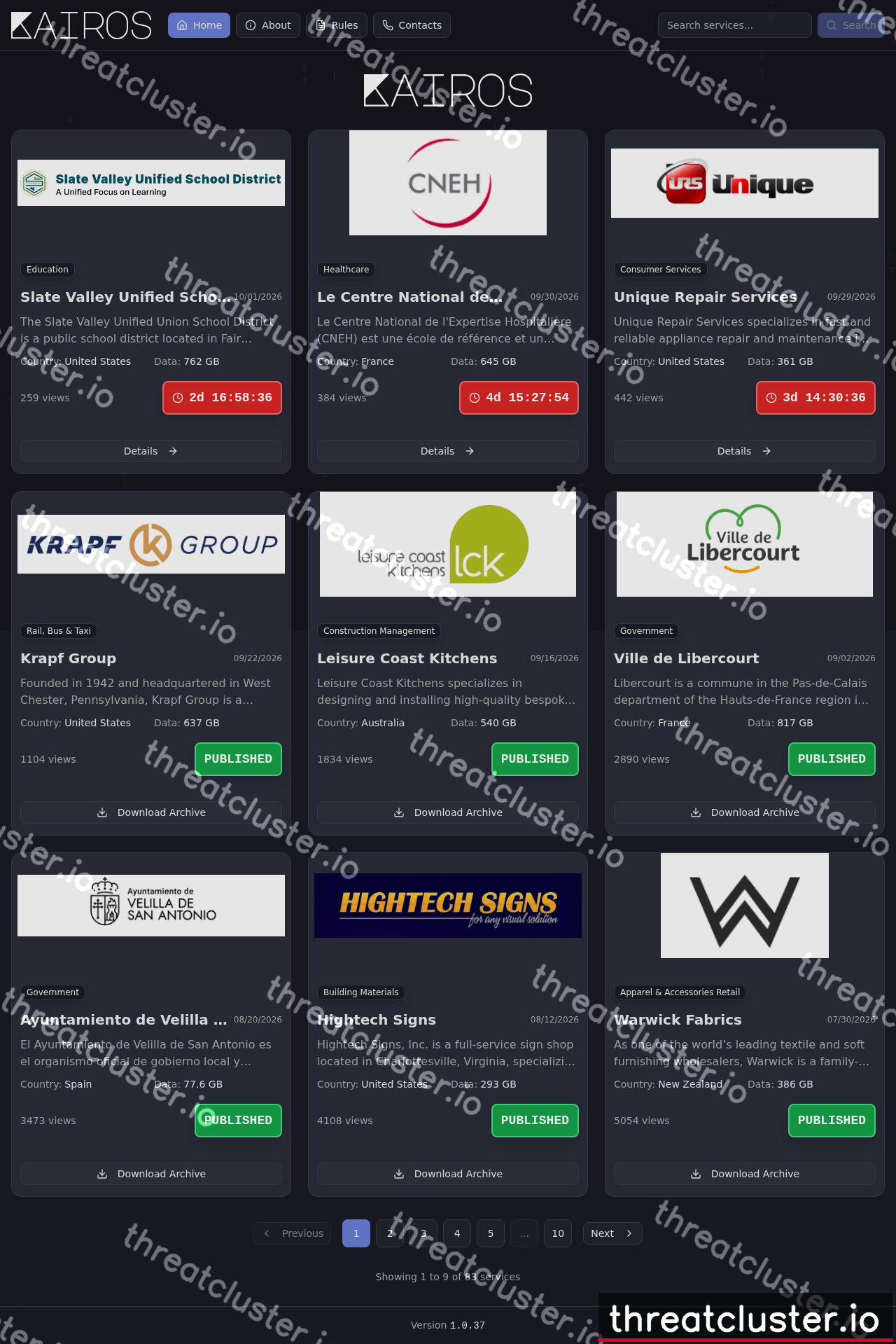Leak site of kairos, captured by ThreatCluster