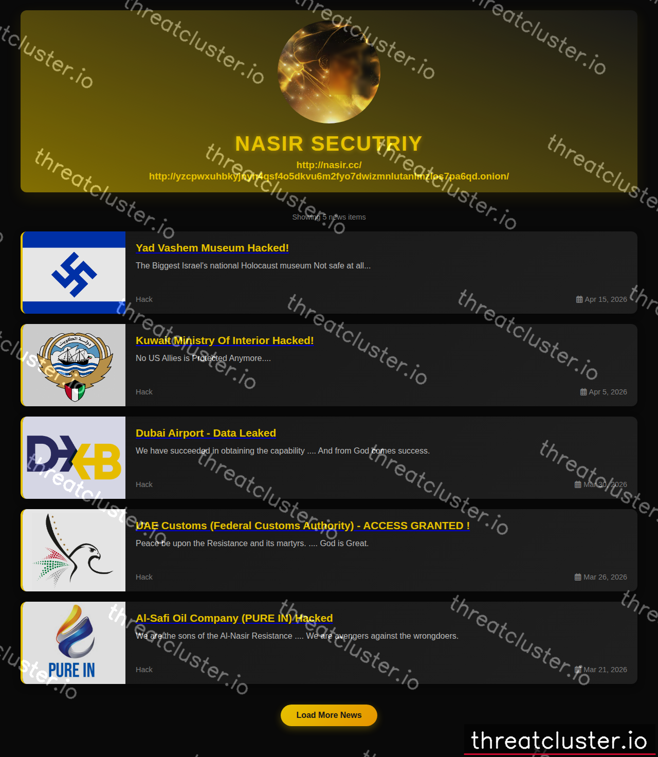 Leak site of nasirsecurity, captured by ThreatCluster