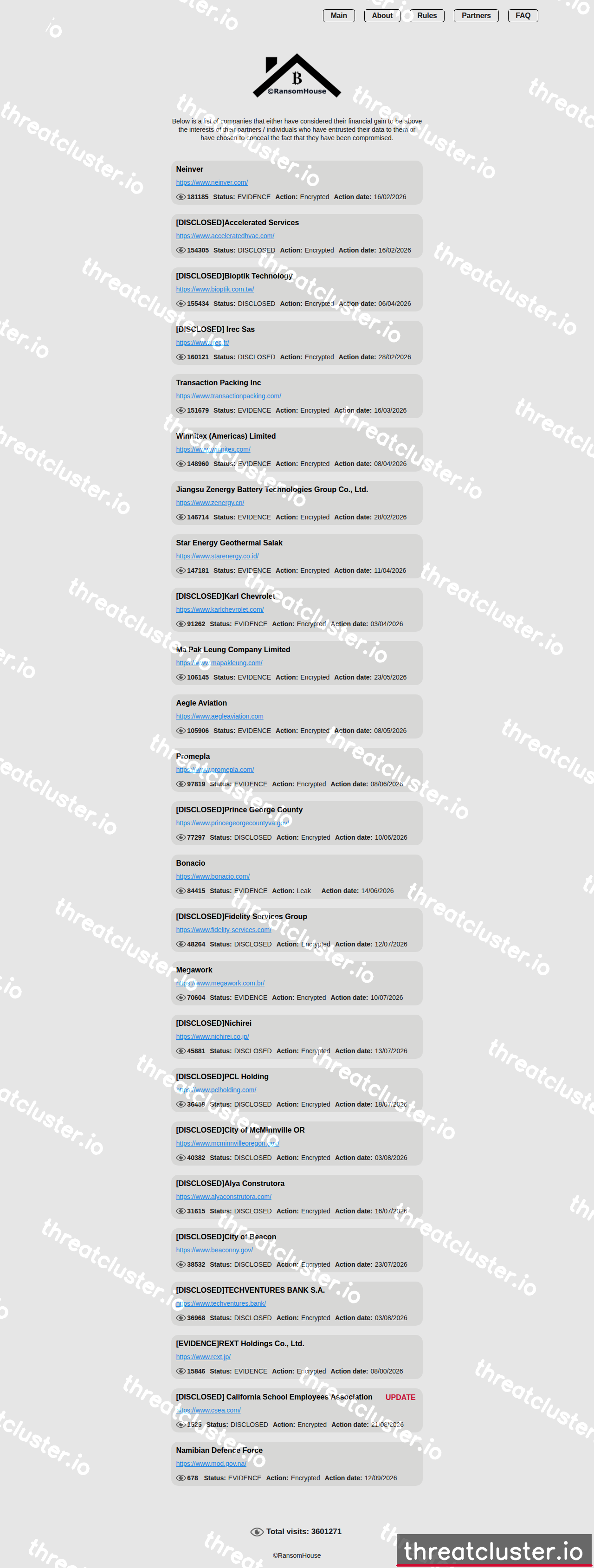 Leak site of ransomhouse, captured by ThreatCluster