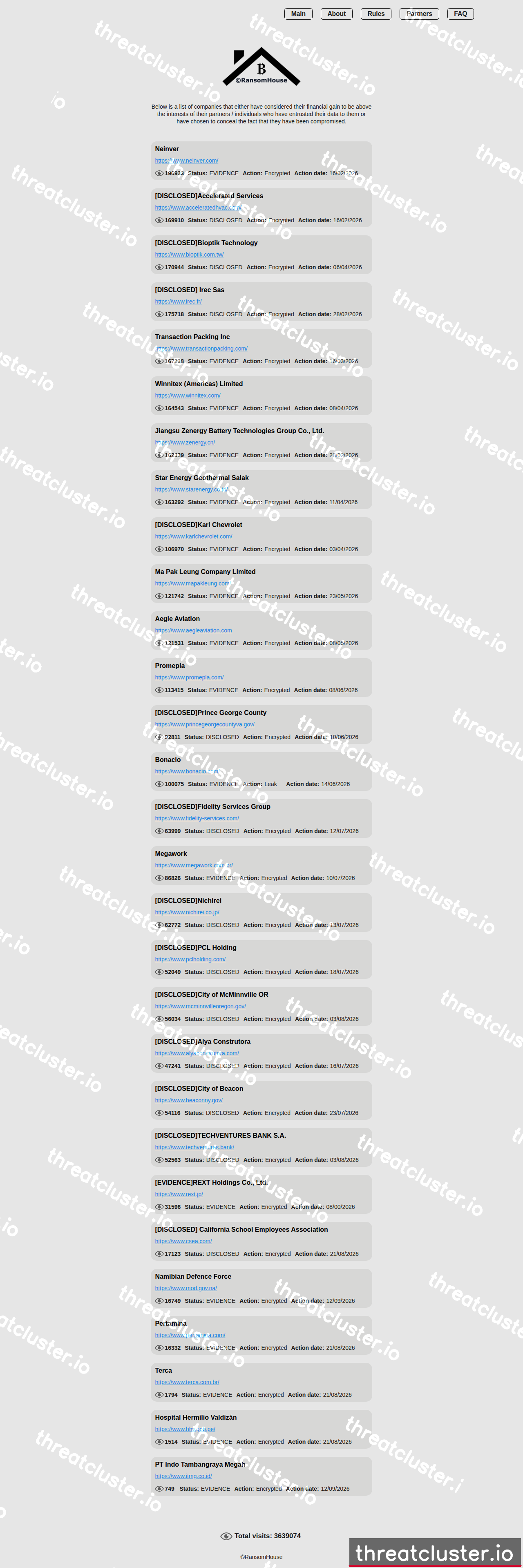 Leak site of ransomhouse, captured by ThreatCluster