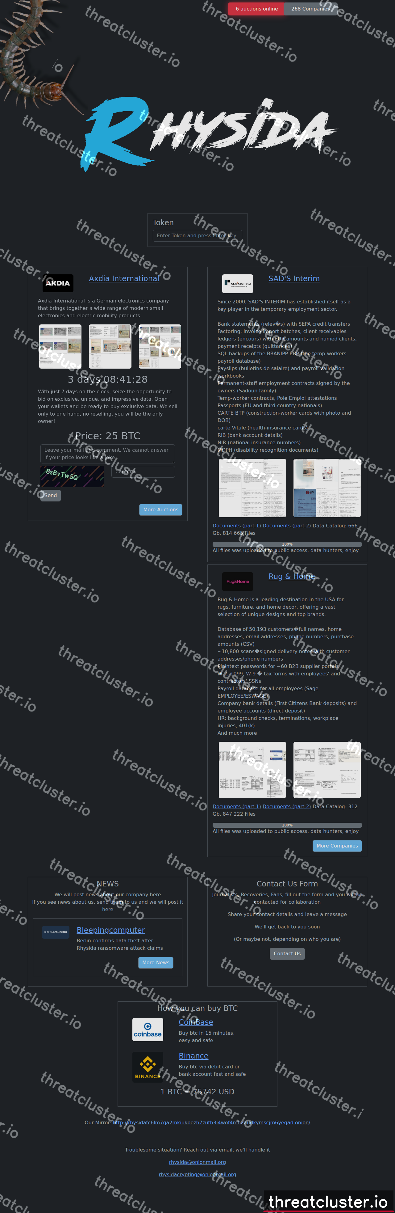 Leak site of rhysida, captured by ThreatCluster