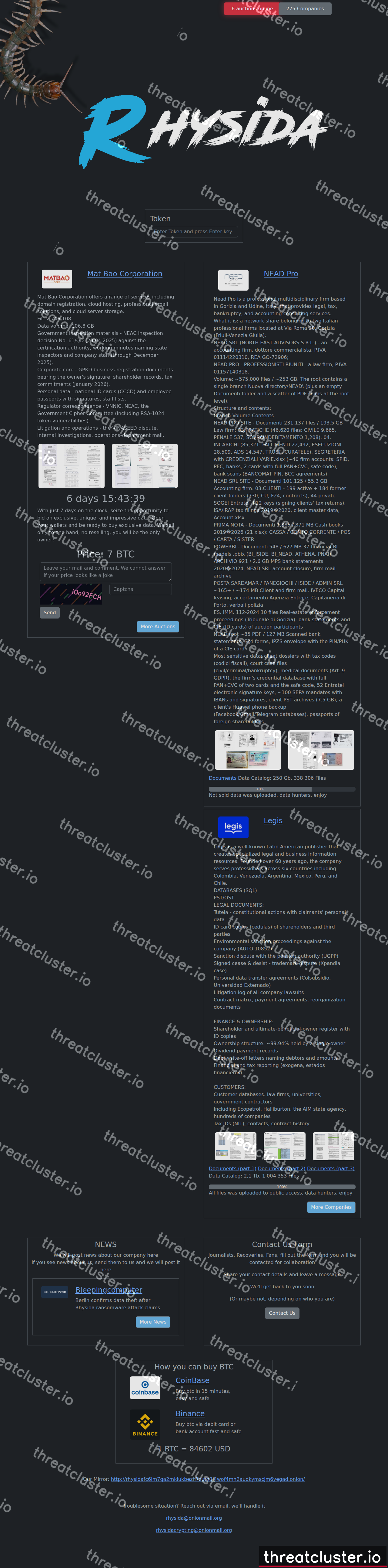 Leak site of rhysida, captured by ThreatCluster