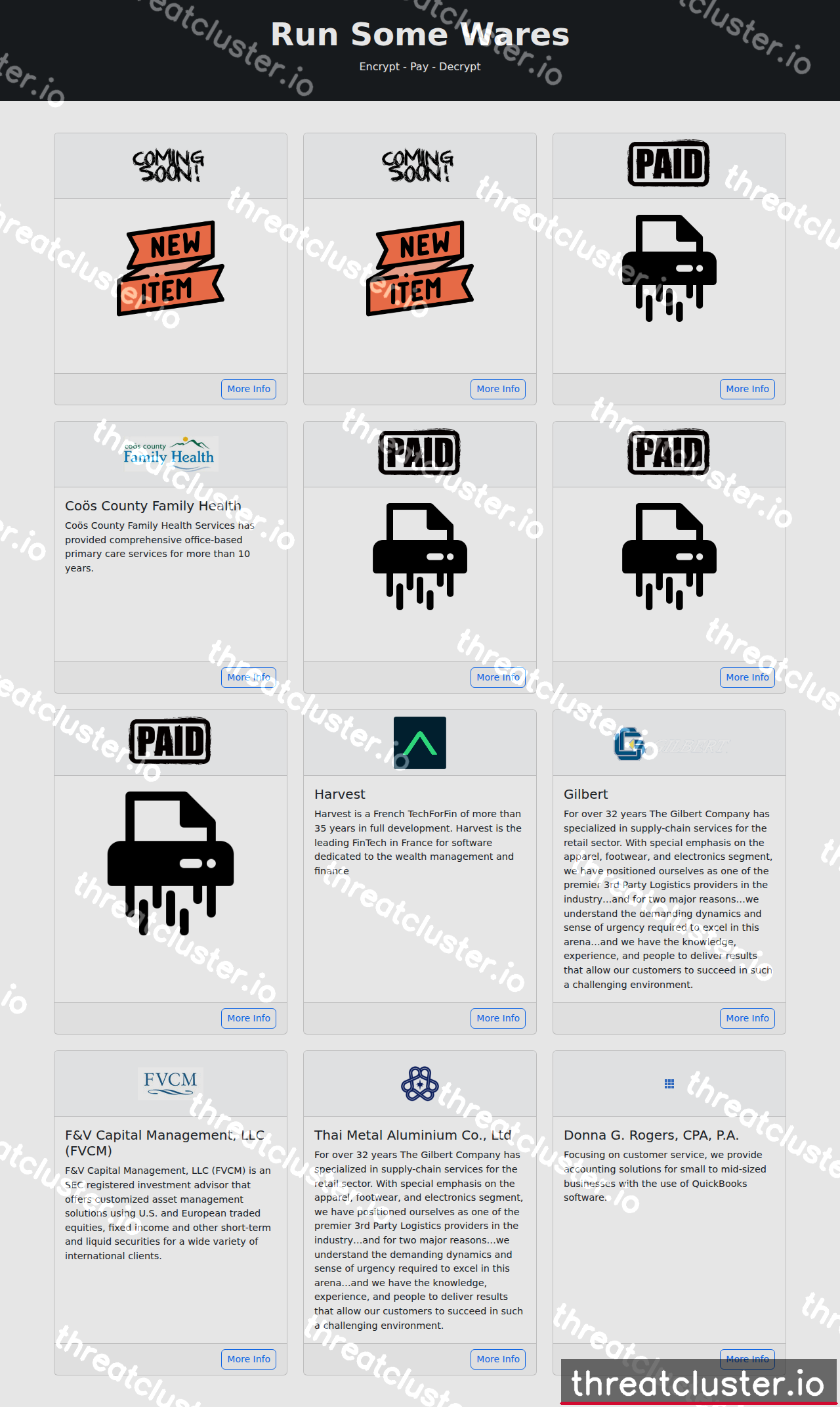 Leak site of runsomewares, captured by ThreatCluster