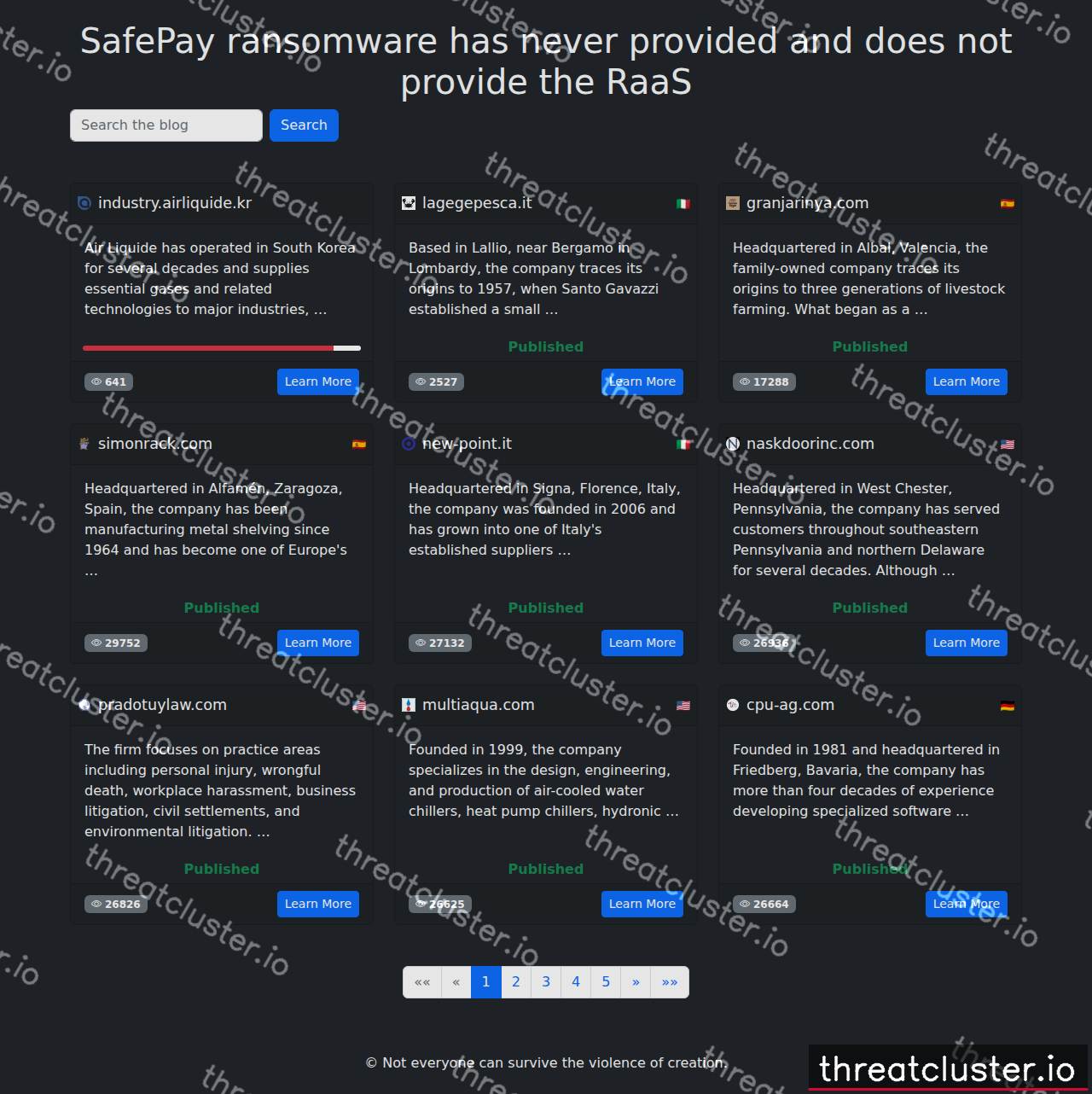 Leak site of safepay, captured by ThreatCluster