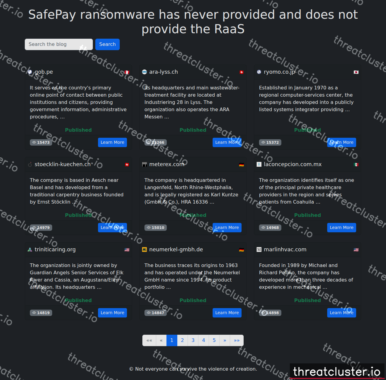 Leak site of safepay, captured by ThreatCluster
