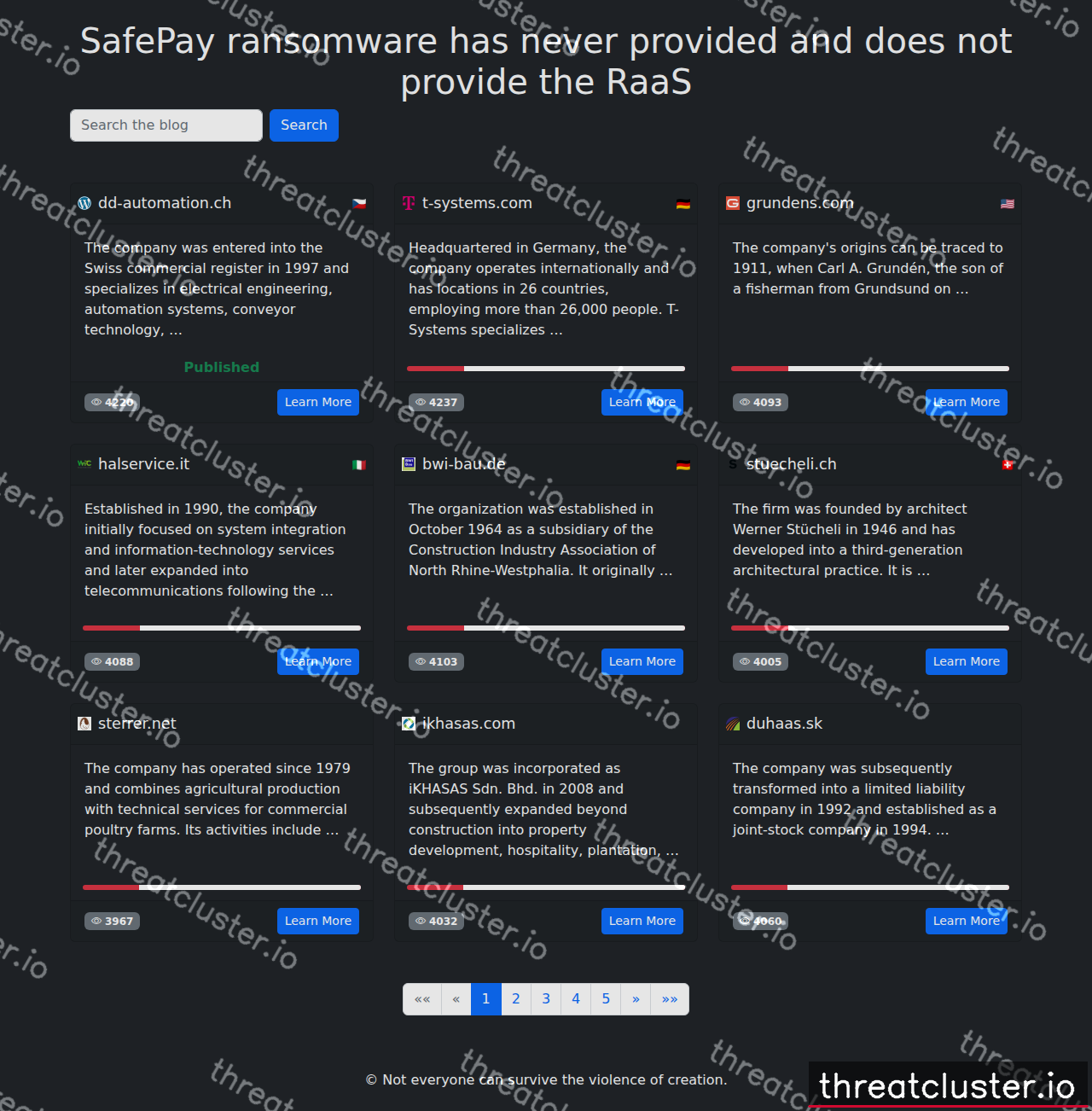 Leak site of safepay, captured by ThreatCluster