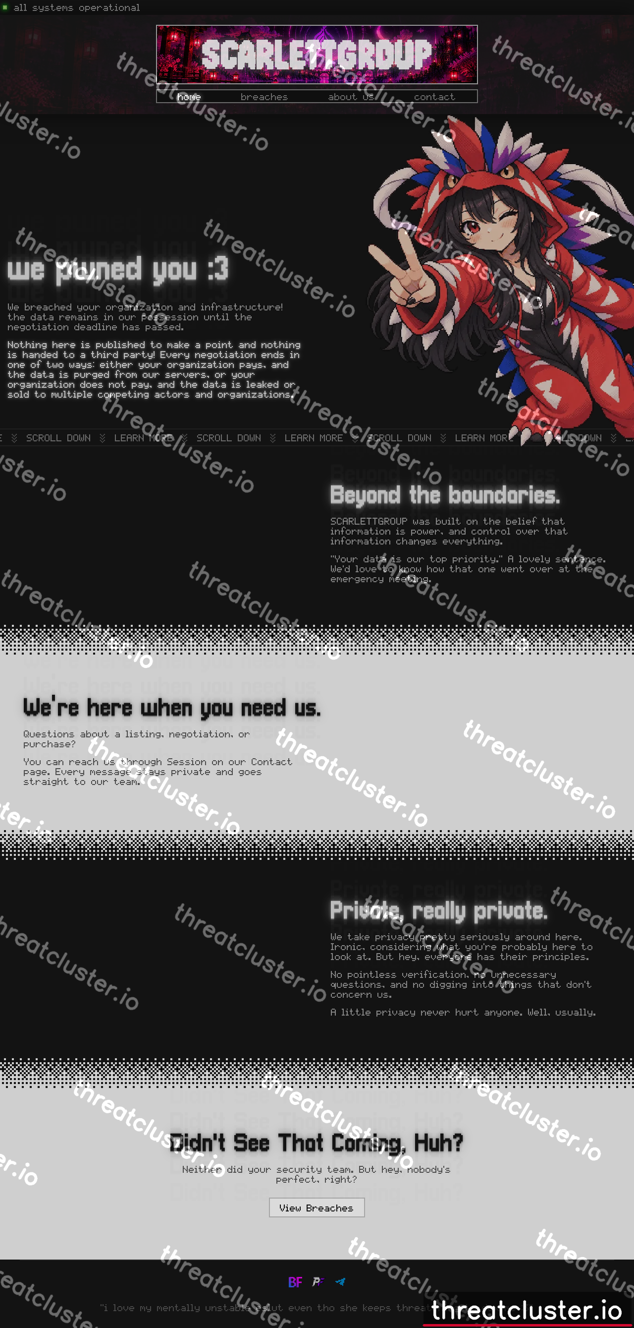 Leak site of scarlettgroup, captured by ThreatCluster