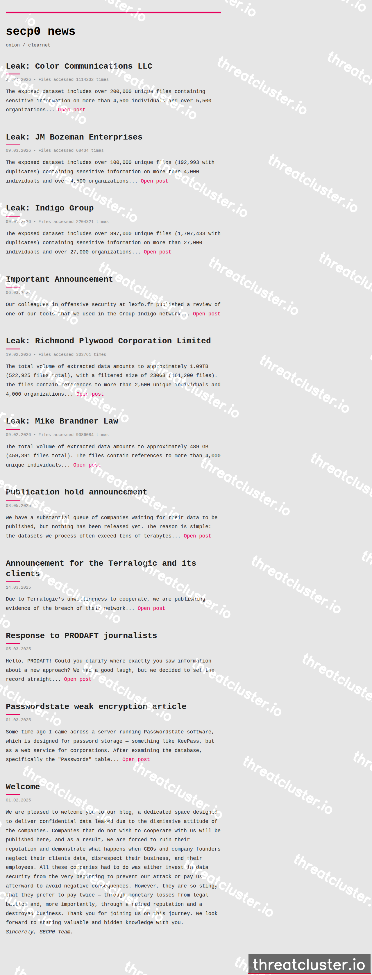 Leak site of secp0, captured by ThreatCluster
