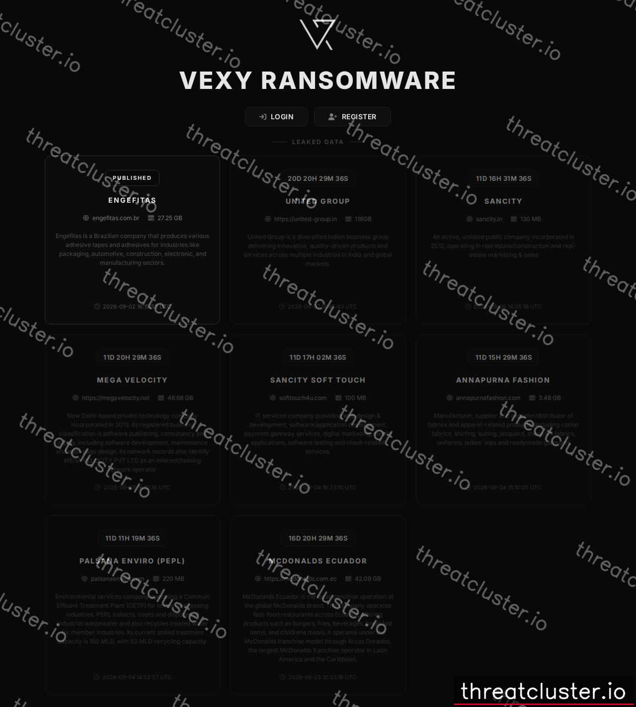 Leak site of vexy ransomware, captured by ThreatCluster