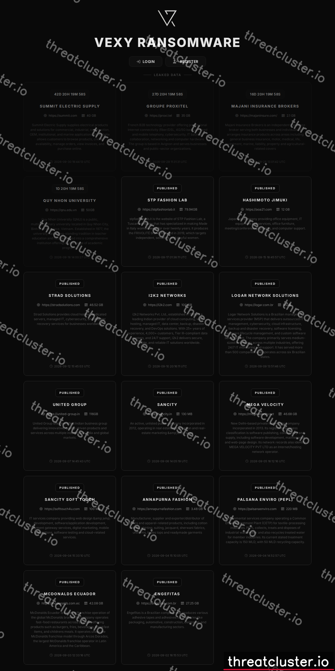 Leak site of vexy ransomware, captured by ThreatCluster