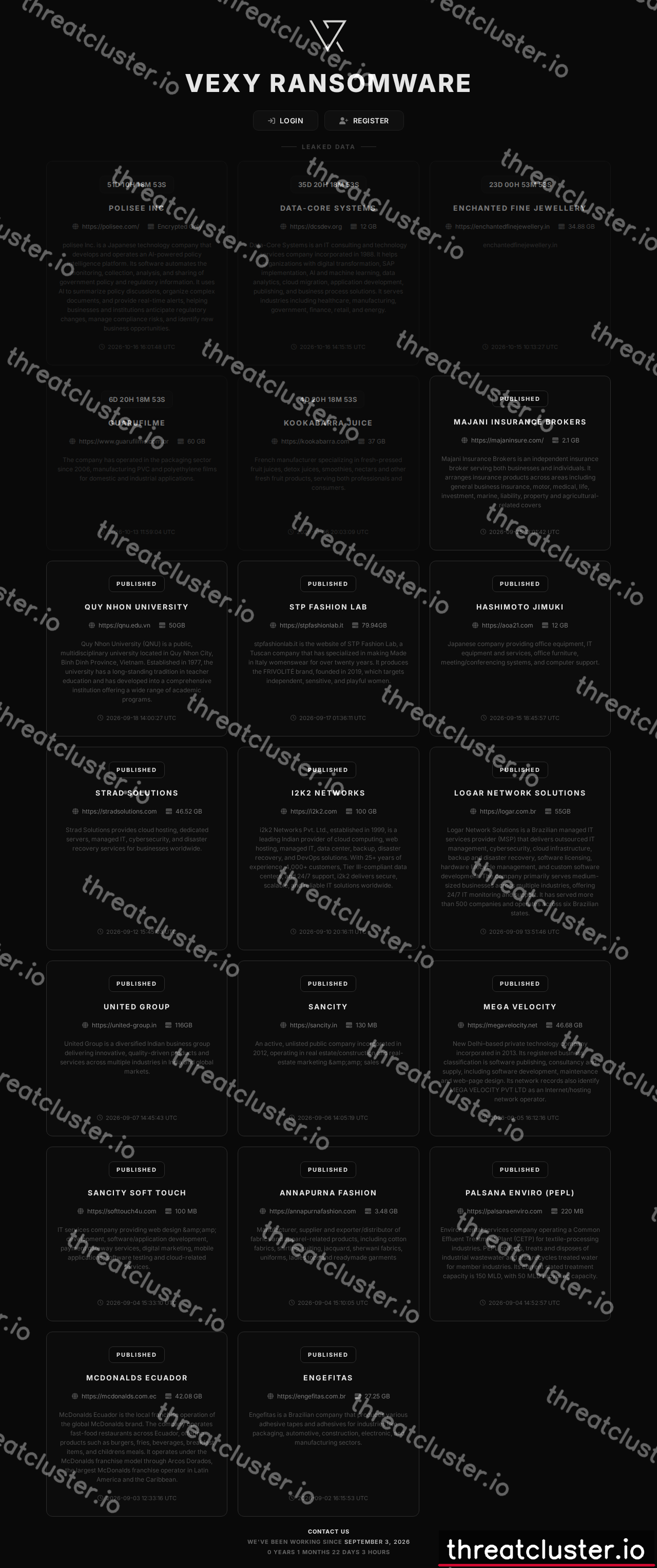 Leak site of vexy ransomware, captured by ThreatCluster
