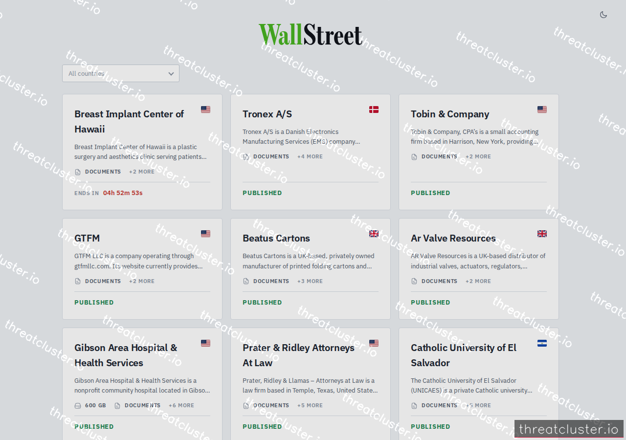 Leak site of wallstreet, captured by ThreatCluster