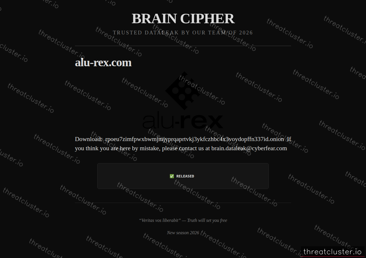 Leak-site post naming alu-rex.com, captured by ThreatCluster