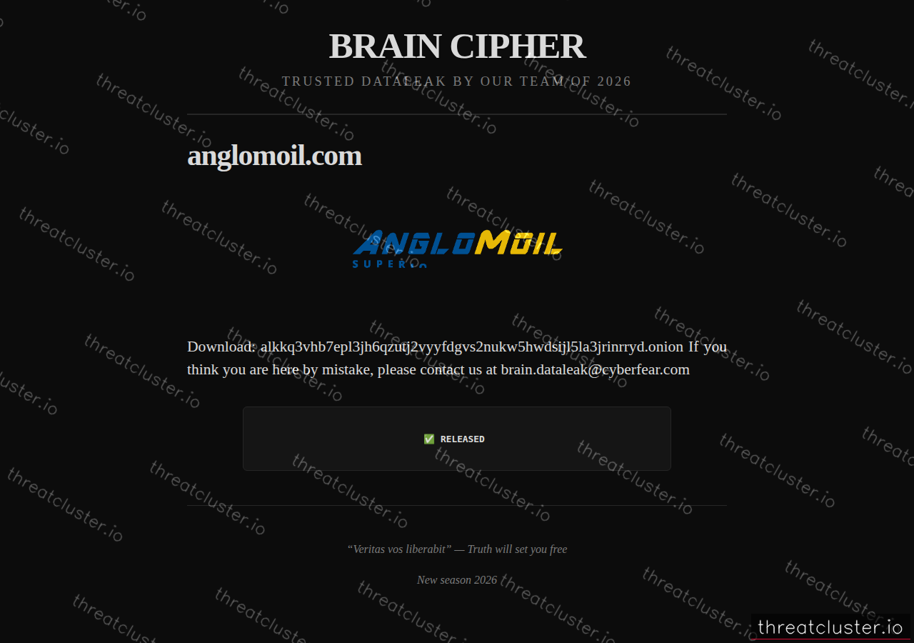 Leak-site post naming anglomoil.com, captured by ThreatCluster