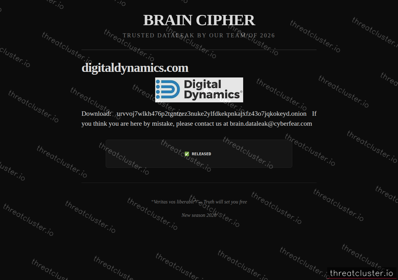 Leak-site post naming digitaldynamics.com, captured by ThreatCluster
