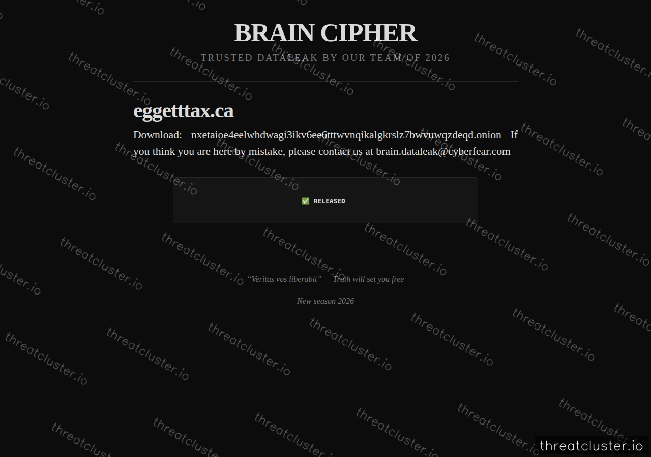 Leak-site post naming eggetttax.ca, captured by ThreatCluster