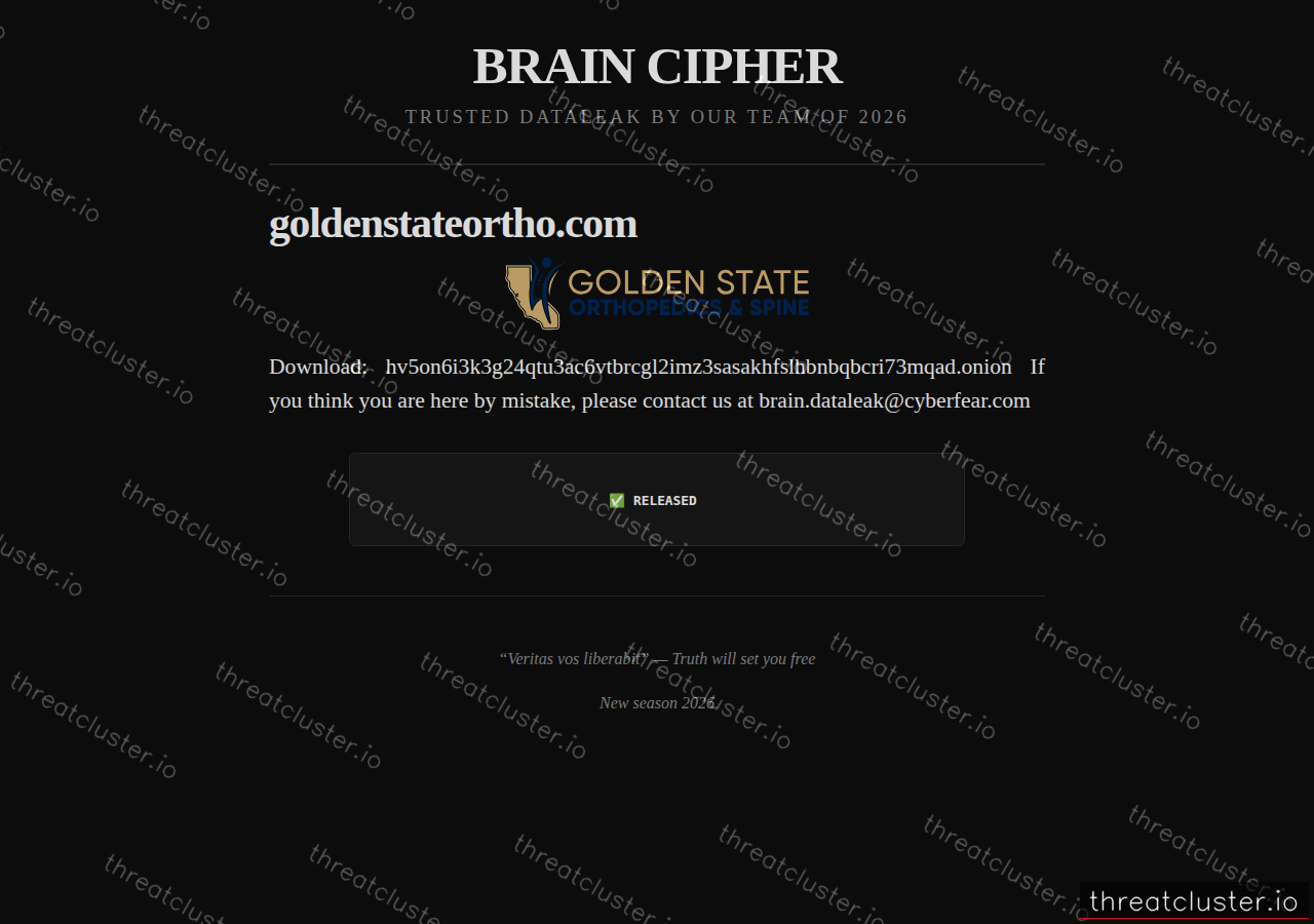 Leak-site post naming goldenstateortho.com, captured by ThreatCluster