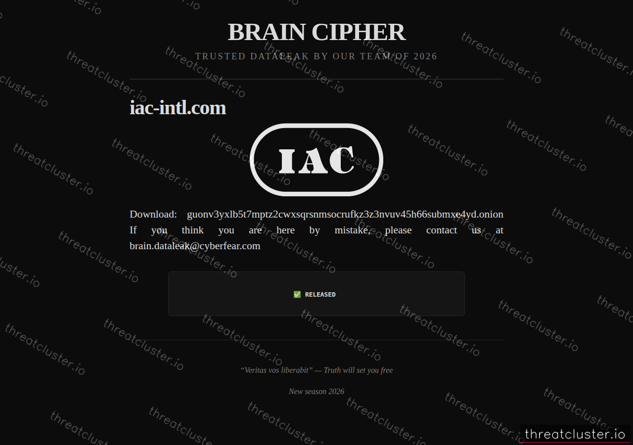 Leak-site post naming iac-intl.com, captured by ThreatCluster