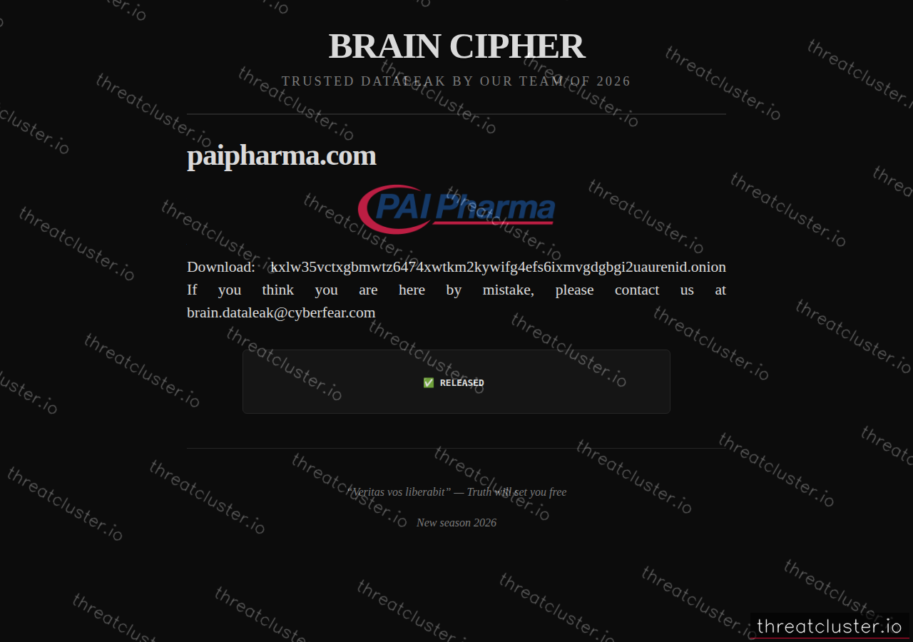 Leak-site post naming paipharma.com, captured by ThreatCluster