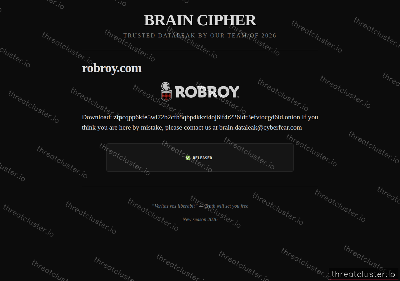 Leak site of braincipher, captured by ThreatCluster