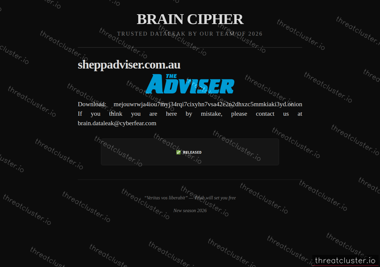 Leak-site post naming sheppadviser.com.au, captured by ThreatCluster