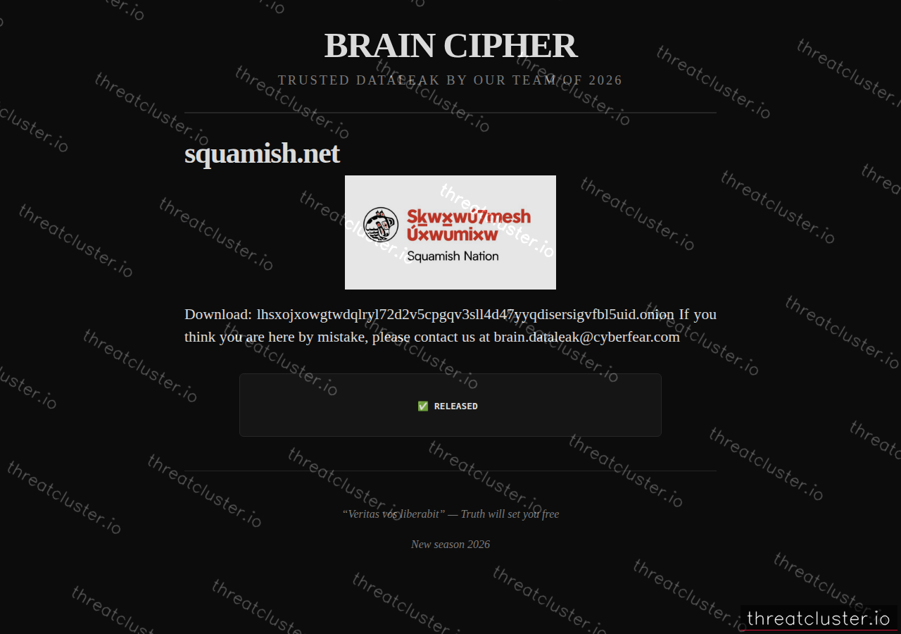 Leak-site post naming squamish.net, captured by ThreatCluster