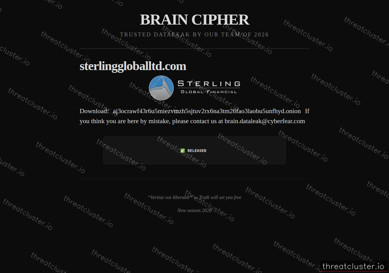 Leak-site post naming sterlinggloballtd.com, captured by ThreatCluster