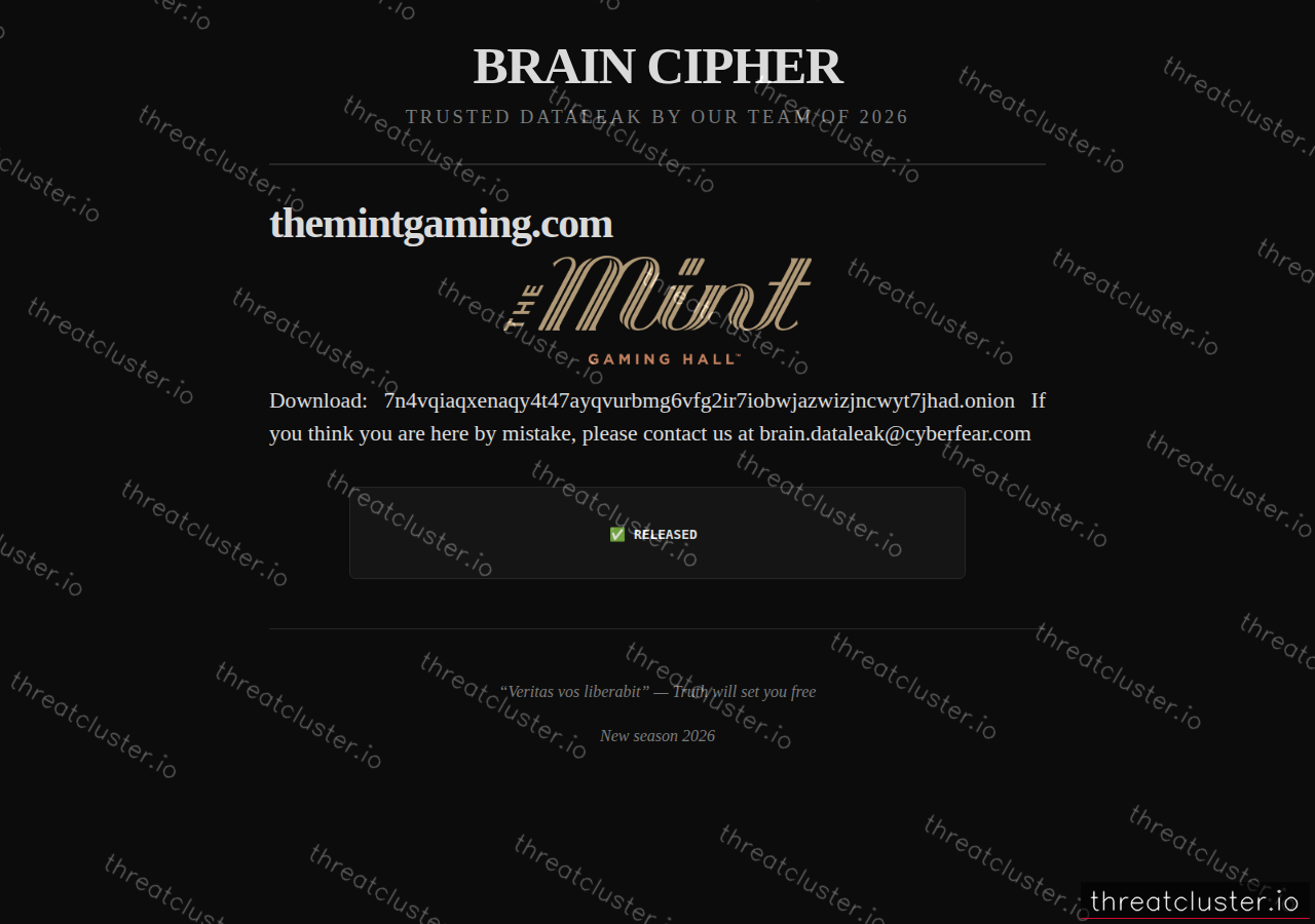 Leak-site post naming themintgaming.com, captured by ThreatCluster