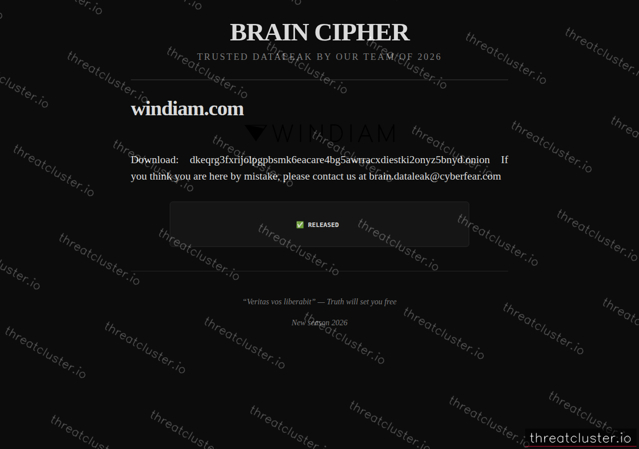 Leak-site post naming windiam.com, captured by ThreatCluster