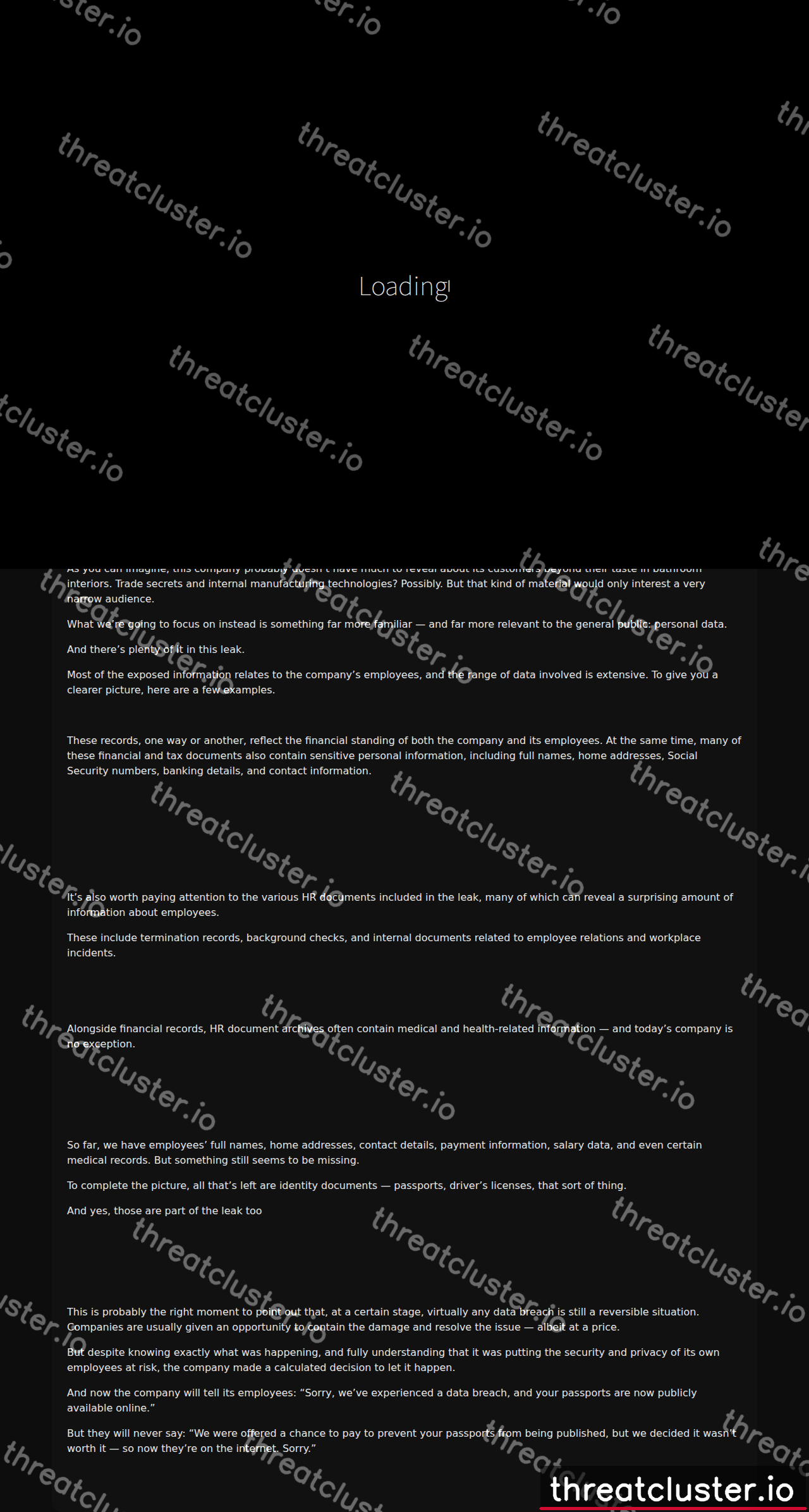 Leak-site post naming Bath Fitter, captured by ThreatCluster