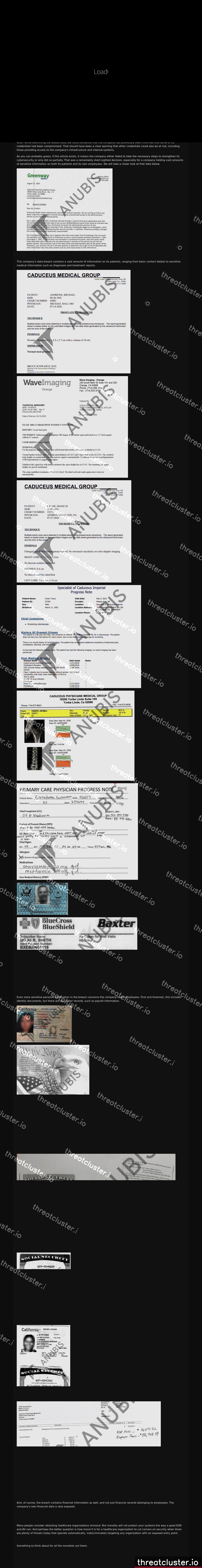 Leak-site post naming Caduceus Medical Group, captured by ThreatCluster