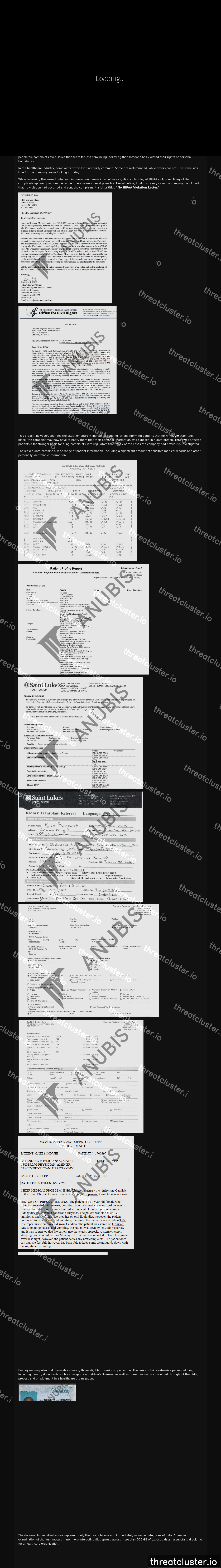 Leak-site post naming Cameron Regional Medical Center, captured by ThreatCluster
