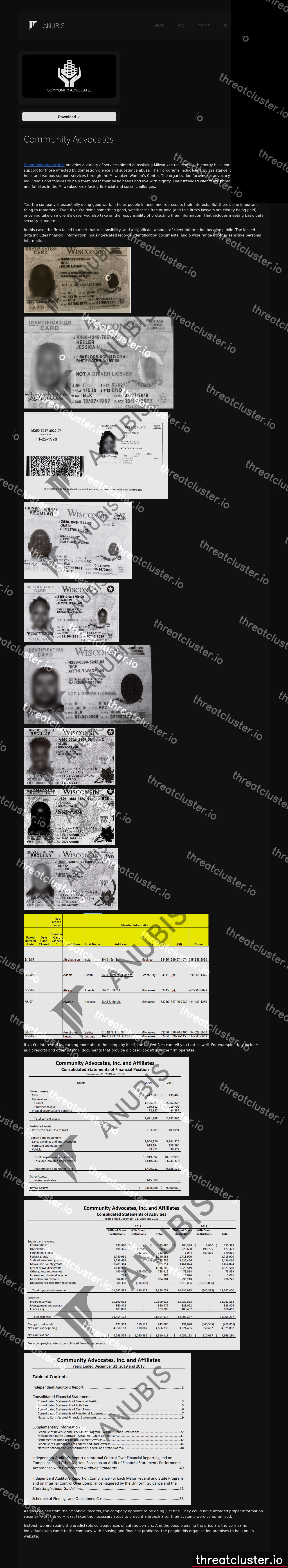 Leak-site post naming Community Advocates, captured by ThreatCluster