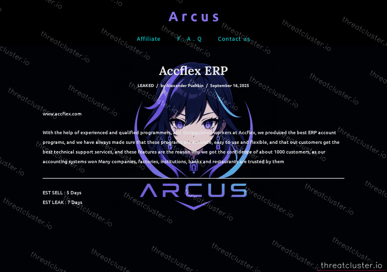 Leak-site post naming Accflex ERP, captured by ThreatCluster